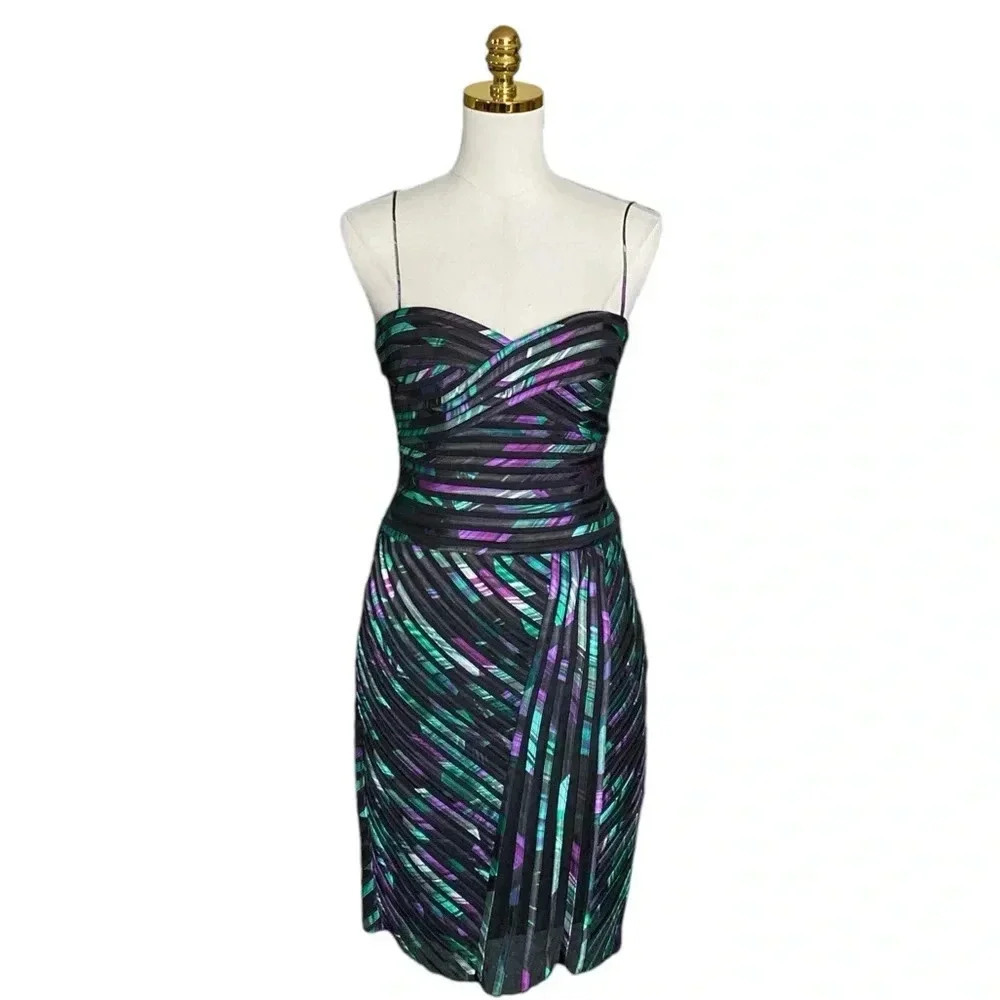 CACHE | Multicolor Sweetheart Spaghetti Strap Mesh Overlay Mini Dress Size 2 - Picture 3 of 12
